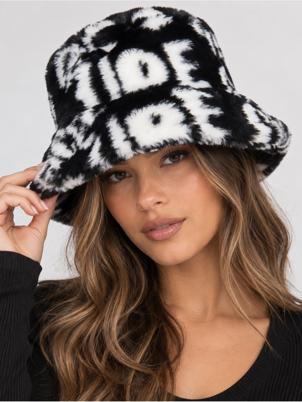 O Diva Faux Fur Plush Bucket Hat Women Headwear Accessories Black and white text